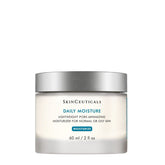 A jar of SkinCeuticals Daily Moisture lightweight face moisturizer for normal to oily skin, with a label indicating it is formulated with vitamin E and a blend of seven botanical extracts.