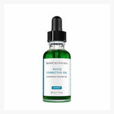 A bottle of SkinCeuticals Phyto Corrective Gel with a dropper, primarily green in color with white and black labeling.