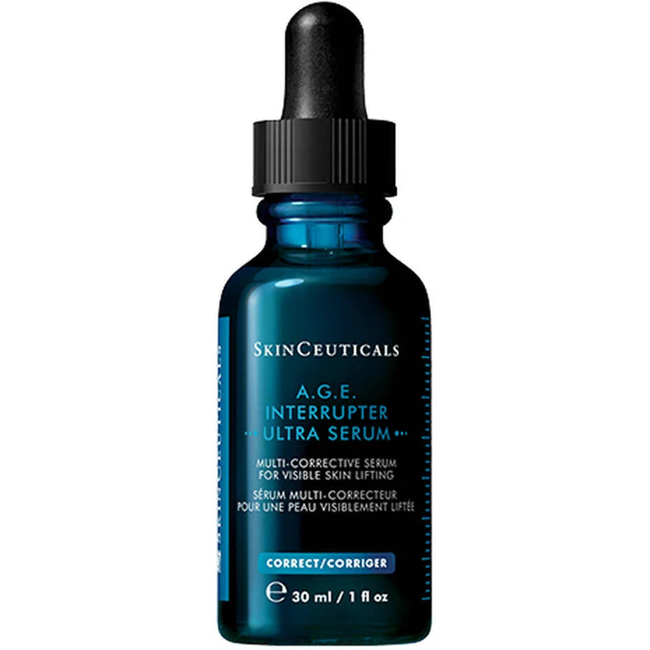 Blue serum bottle with dropper labeled 'SkinCeuticals A.G.E. Interrupter Ultra Serum' on a white background