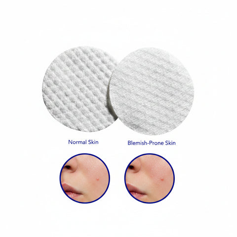 Two pre-soaked exfoliating pads on a white background with text indicating texture and skin type compatibility.