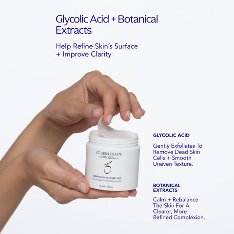 Hand holding a jar of ZO Skin Health Complexion Renewal Pads with text about glycolic acid and botanical extracts on a white background.