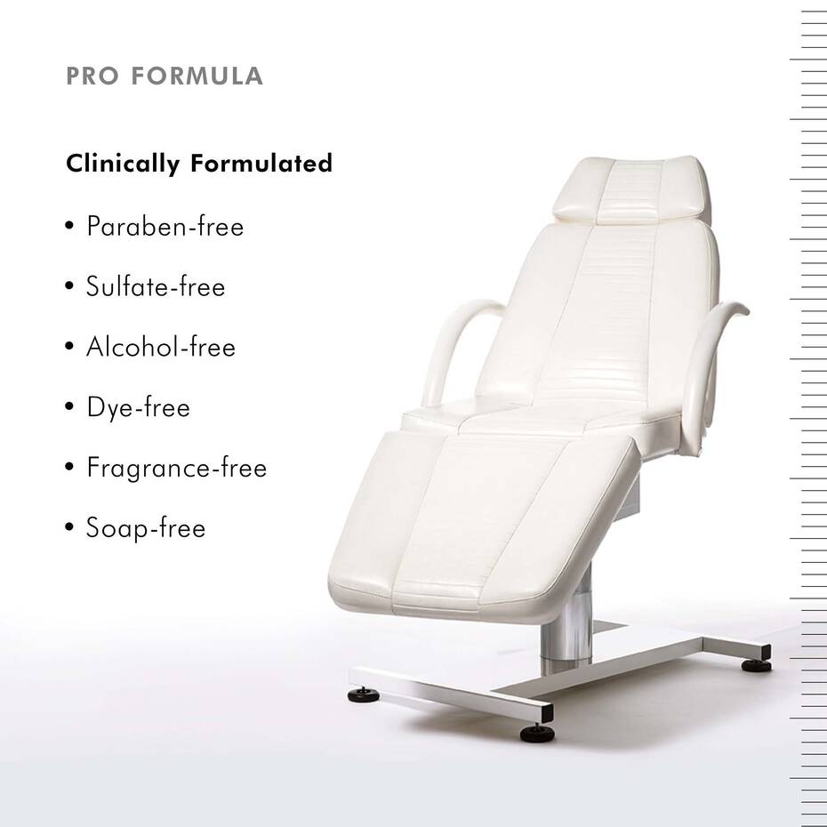 White medical chair with list of ingredients not contained in SkinCeuticals LHA Cleanser.