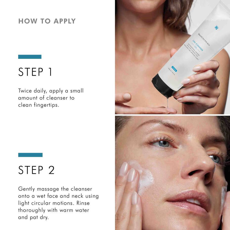 Instructions on how to apply SkinCeuticals LHA Cleanser with close-up of product and application on face.