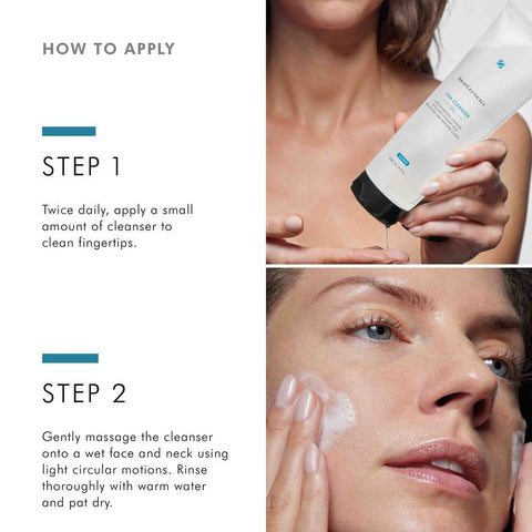 Instructions on how to apply SkinCeuticals LHA Cleanser with close-up of product and application on face.