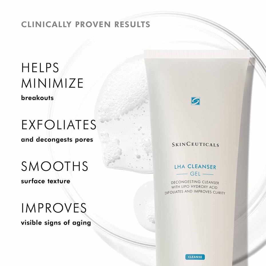 SkinCeuticals LHA Cleanser Gel with text highlighting benefits on a white background