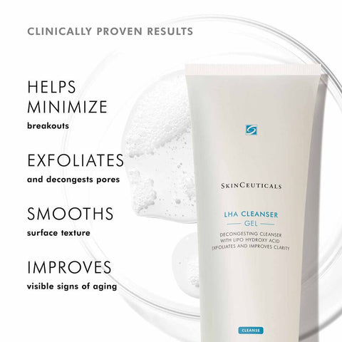 SkinCeuticals LHA Cleanser Gel with text highlighting benefits on a white background