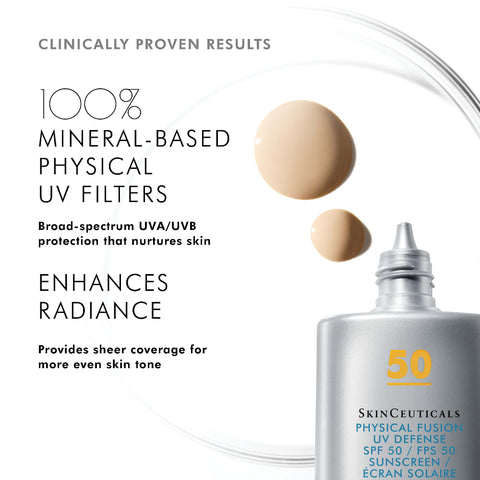 SkinCeuticals Physical UV Defense Sunscreen bottle with product application on a white background
