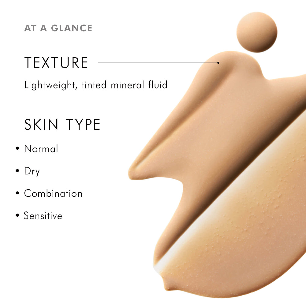 Product description card with texture and skin type information for a cosmetic fluid.