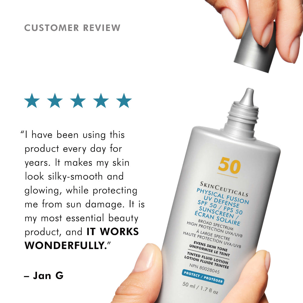 Skincare product with a five-star rating and customer review on a white background