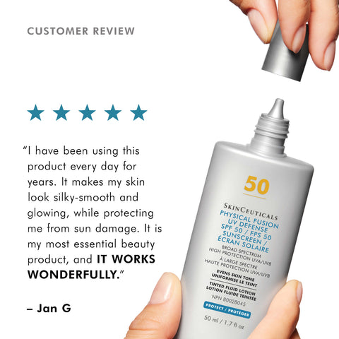 Skincare product with a five-star rating and customer review on a white background