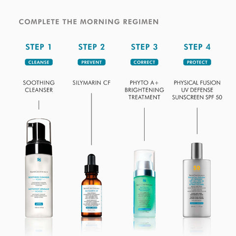 A skincare routine infographic titled 'COMPLETE THE MORNING REGIMEN' showing four Saneyoshi Ha products across four steps: cleansing, prevention, brightening, and sunscreen protection. The products include Soothing Cleanser, Silymarin CF, Phyto A+ Brightening Treatment, and Physical Fusion UV Defense Sunscreen SPF 50.