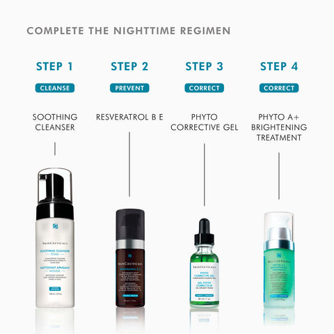 A skincare routine infographic titled 'COMPLETE THE NIGHTTIME REGIMEN' showing four steps with corresponding products: Step 1 Cleanse with Soothing Cleanser, Step 2 Prevent with Resveratrol B E, Step 3 Correct with Phyto Corrective Gel, and Step 4 Correct with Phyto A+ Brightening Treatment.