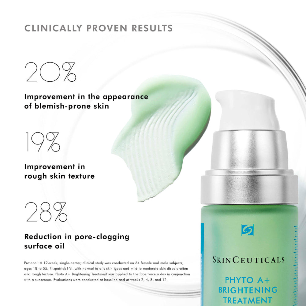 SkinCeuticals Phyto A+ Brightening Treatment bottle shown on a white background with marketing text and a pale green cream smear. The image highlights clinically proven results including improvement in blemish-prone skin, rough skin texture, and reduction in pore-clogging surface oil.