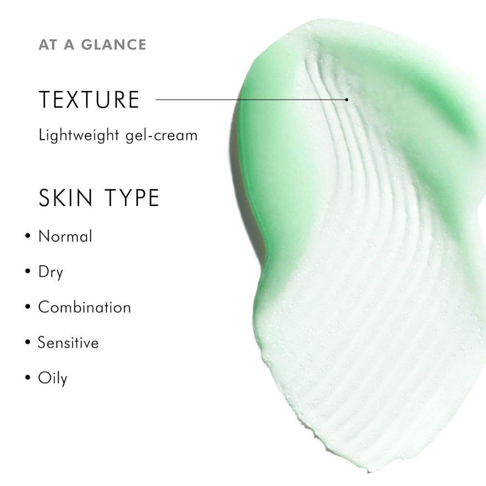 Product swatch of SkinCeuticals Phyto A+ Brightening Treatment Moisturizer with green gel-cream texture and information on skin types.