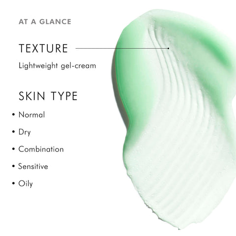 Product swatch of SkinCeuticals Phyto A+ Brightening Treatment Moisturizer with green gel-cream texture and information on skin types.