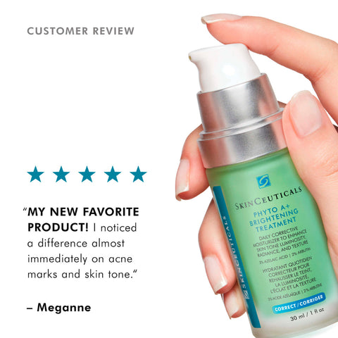 A hand holds a bottle of SkinCeuticals Phyto A+ Brightening Treatment against a white background, with text reading 'CUSTOMER REVIEW' and a quote from Meganne with five blue stars.