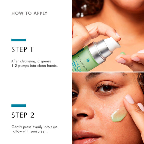 Step-by-step guide on applying SkinCeuticals Phyto A+ Brightening Treatment Moisturizer with close-up of hands and face.
