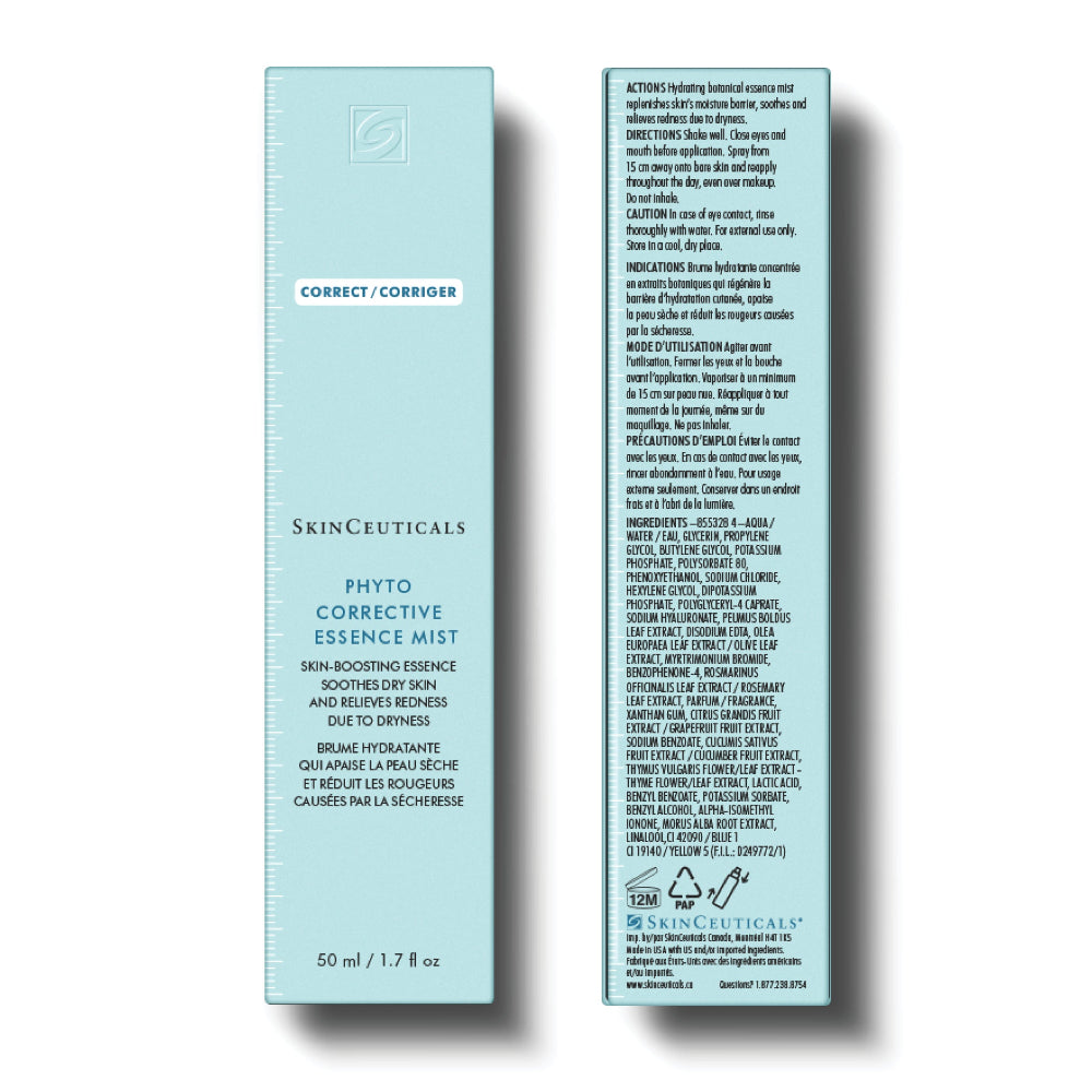 SkinCeuticals Phyto Corrective Essence Mist in a light blue rectangular packaging, shown with both the front label and the back ingredients panel against a plain white background.