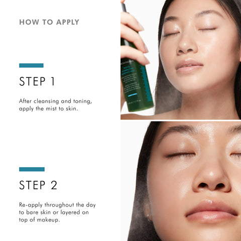 Instructions on how to apply SkinCeuticals Phyto Corrective Essesence Mist with text and images of a person using it.