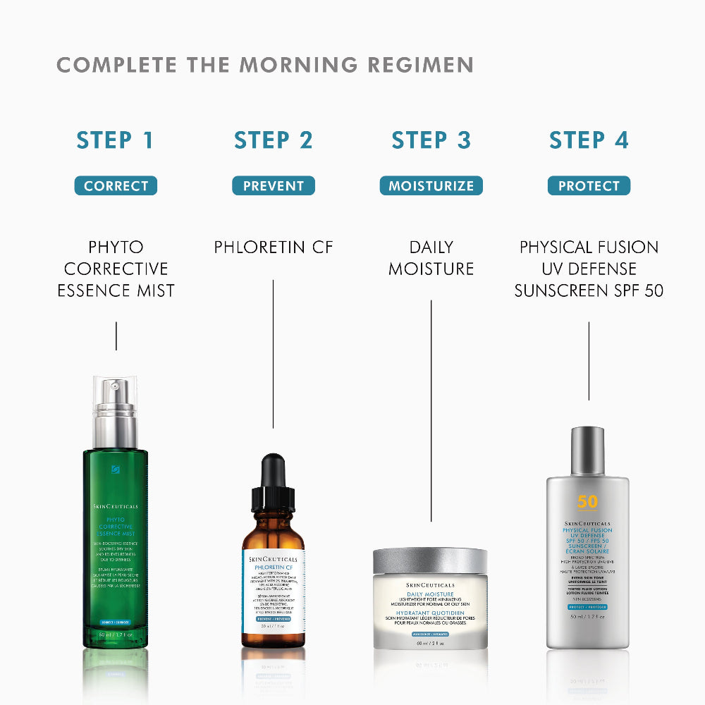A skincare routine infographic titled 'COMPLETE THE MORNING REGIMEN' showing four steps with product images and names: Step 1 Phyto Corrective Essence Mist, Step 2 Phloretin CF, Step 3 Daily Moisture, and Step 4 Physical Fusion UV Defense Sunscreen SPF 50.