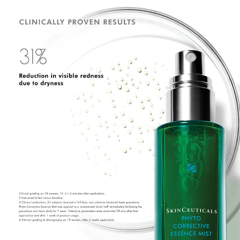 SkinCeuticals Phyto Corrective Essence Mist in a translucent green bottle with a silver pump, shown on a white background with clinical text and droplet graphics.