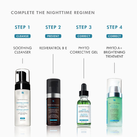 Skincare product lineup with step-by-step instructions for a nighttime regimen on a white background.