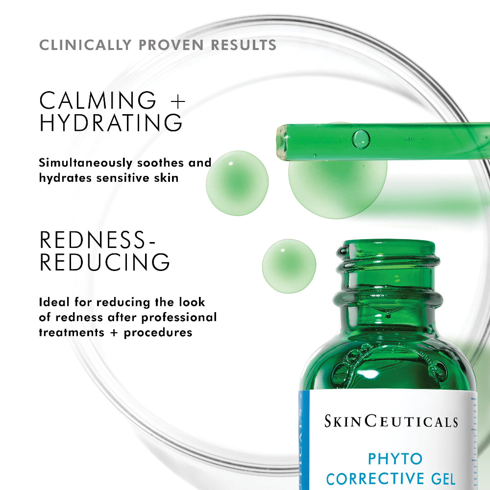 Green bottle of SkinCeuticals Phyto Corrective Gel with text on a white background