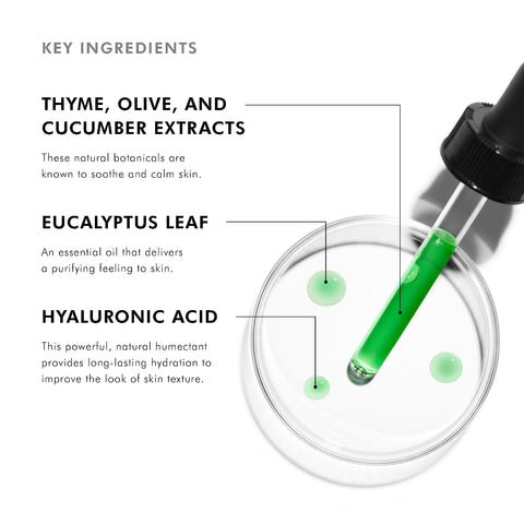 Skincare product with key ingredients labeled on a white background