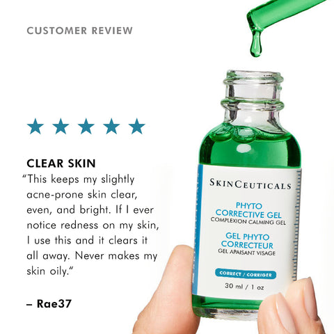 SkinCeuticals Phyto Corrective Gel bottle with a customer review on a white background