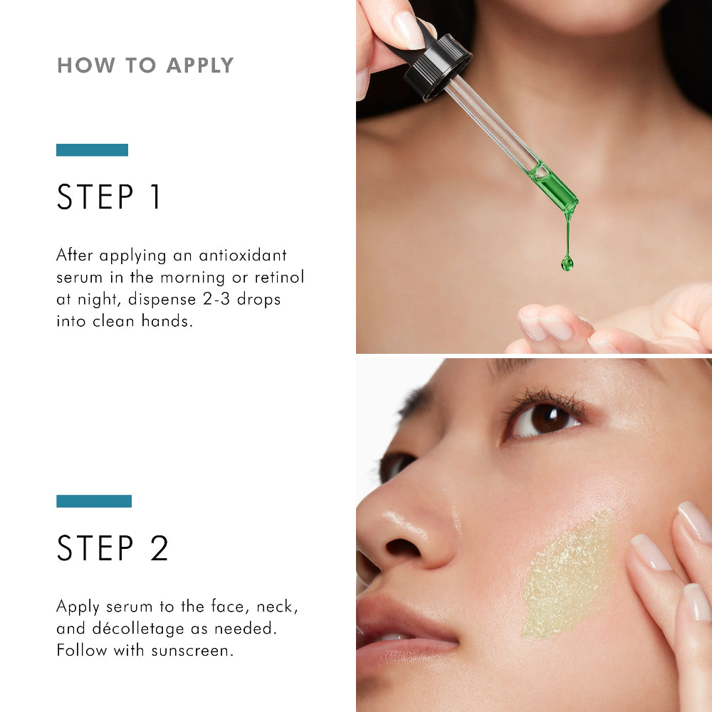 Instructions on how to apply an antioxidant serum with close-up shots of application.