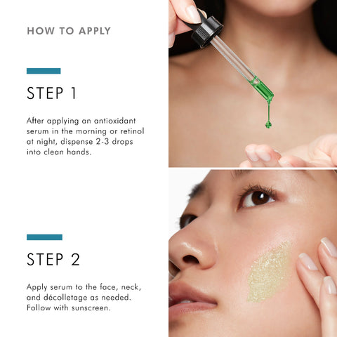 Instructions on how to apply an antioxidant serum with close-up shots of application.