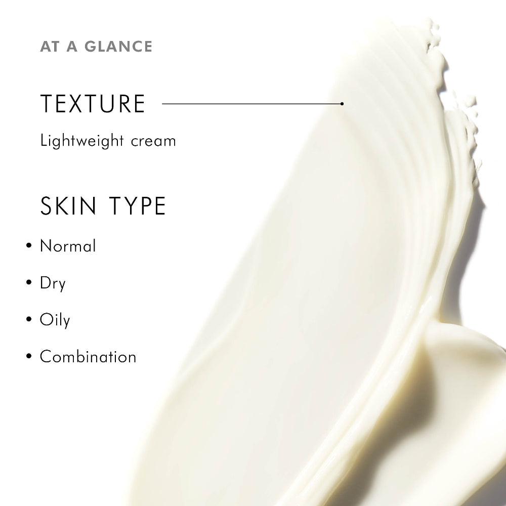 Lightweight cream texture with skin type compatibility information on a white background