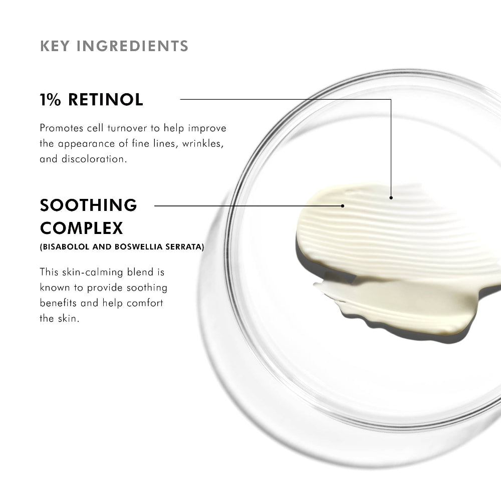 SkinCeuticals Retinol 1.0 with labeled key ingredients on a white background
