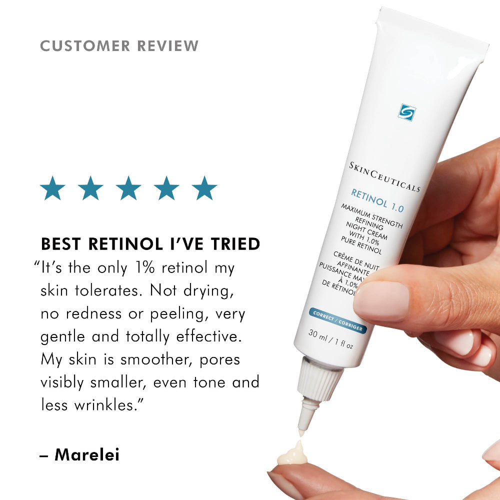 SkinCeuticals Retinol 1.0 tube with a hand applying it, and a five-star customer review.