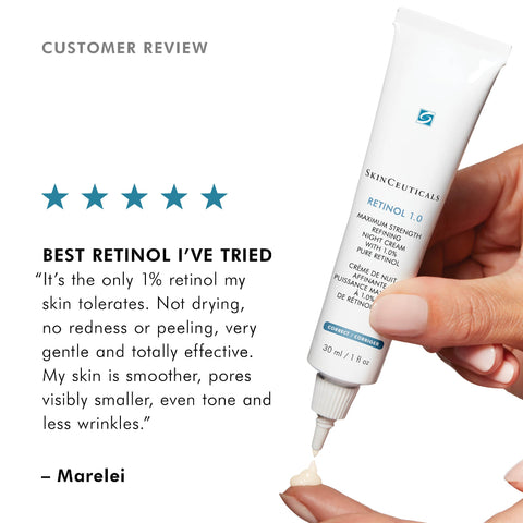 SkinCeuticals Retinol 1.0 tube with a hand applying it, and a five-star customer review.
