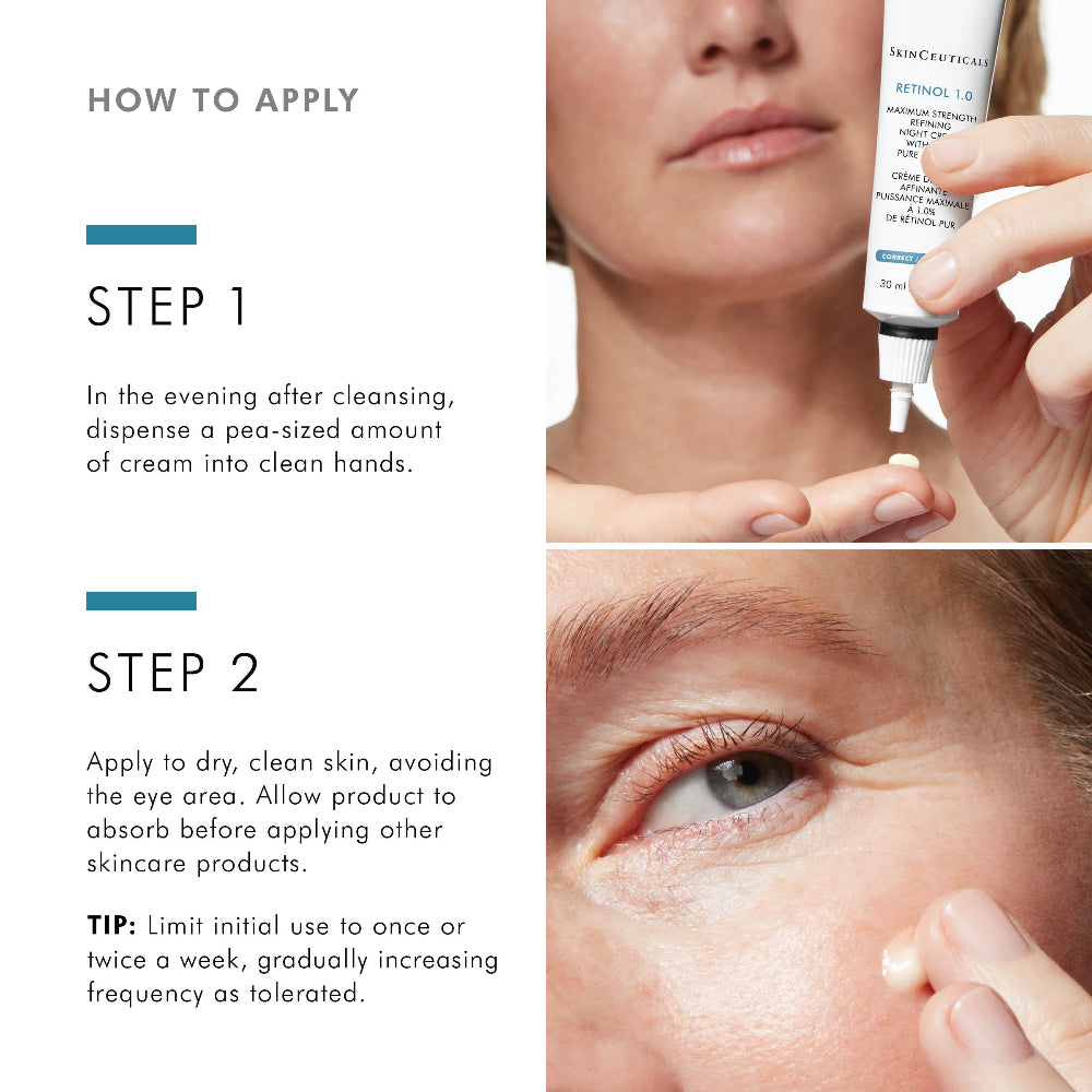 Instructions on how to apply a SkinCeuticals Retinol 1.0 with close-up shots of hands and skin.