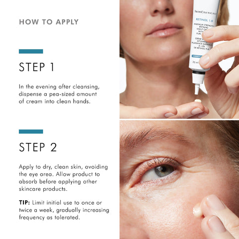 Instructions on how to apply a SkinCeuticals Retinol 1.0 with close-up shots of hands and skin.