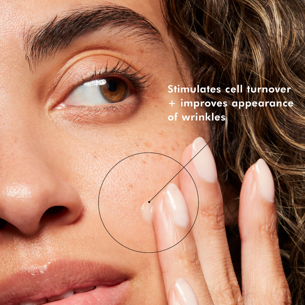 Close-up of a person's eye with text about skincare benefits, pointing to wrinkles.
