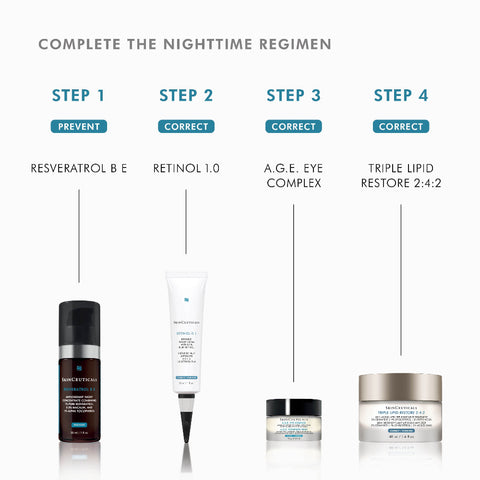 Skincare product lineup with step-by-step regimen on a white background