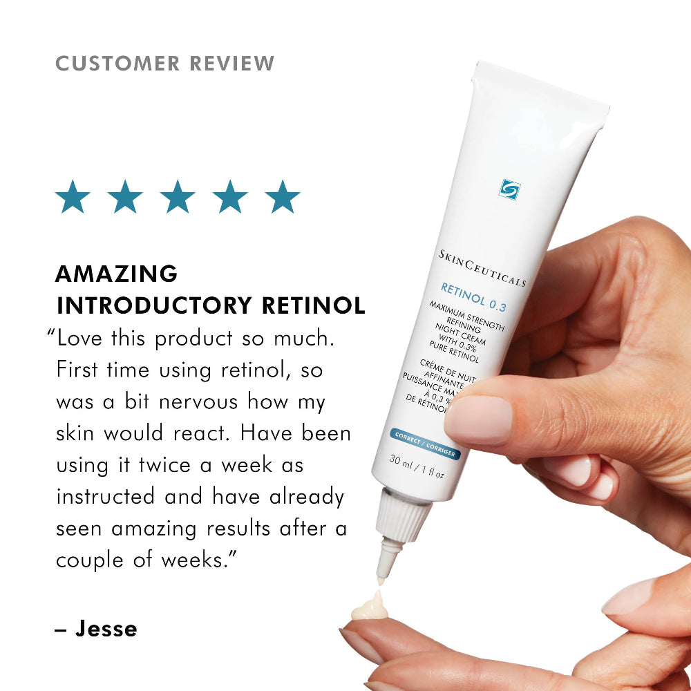 Tube of SkinCeuticals Retinol 0.3 cream held by a hand with a five-star rating and customer review text.