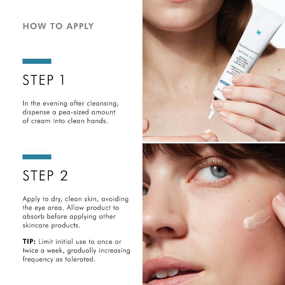 Instructions on how to apply SkinCeuticals Retinol 0.3 cream with close-up shots of hands and face.