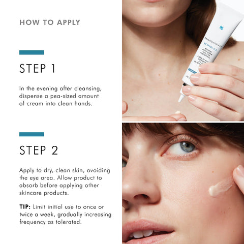 Instructions on how to apply SkinCeuticals Retinol 0.3 cream with close-up shots of hands and face.