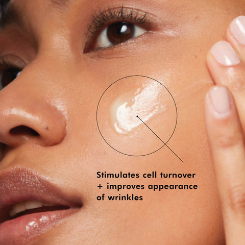 Close-up of a person's face with SkinCeuticals Retinol 0.3 application and text about its benefits.