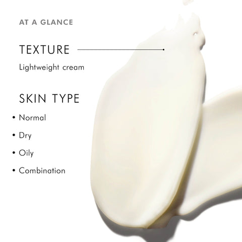 Product description card with texture and skin type compatibility details.