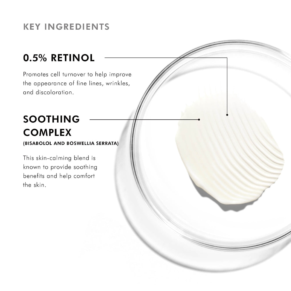 Skincare product with labeled key ingredients including 0.5% Retinol and Soothing Complex.