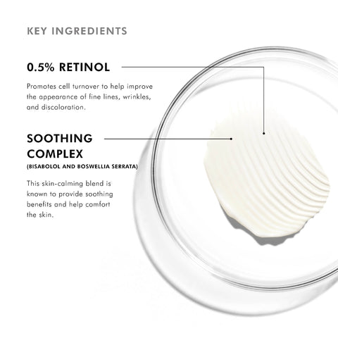 Skincare product with labeled key ingredients including 0.5% Retinol and Soothing Complex.