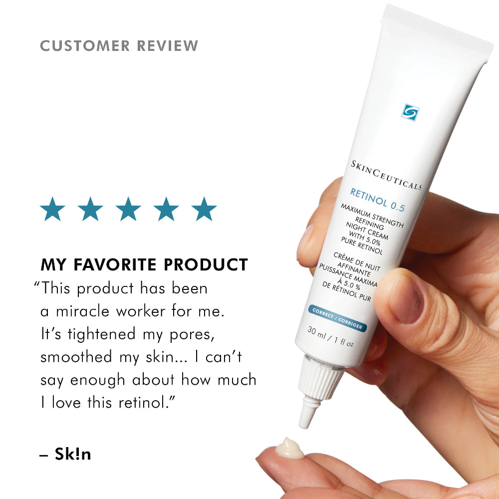 Tube of SkinCeuticals Retinol 0.5 cream held by a hand with a five-star rating and customer review text.
