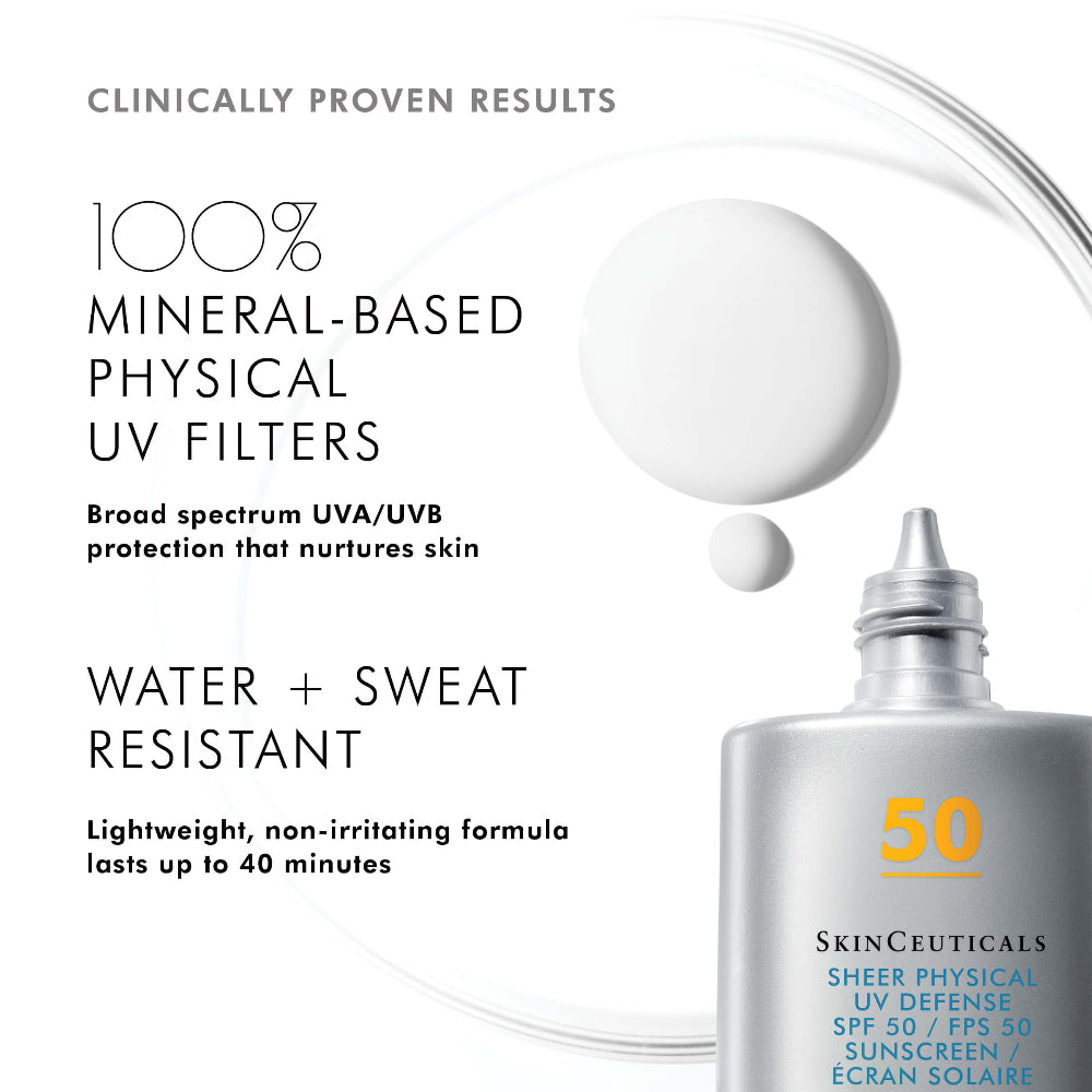 SkinCeuticals Sheer Physical SPF 50 Sunscreen bottle with text highlighting features on a white background