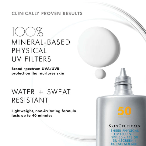 SkinCeuticals Sheer Physical SPF 50 Sunscreen bottle with text highlighting features on a white background