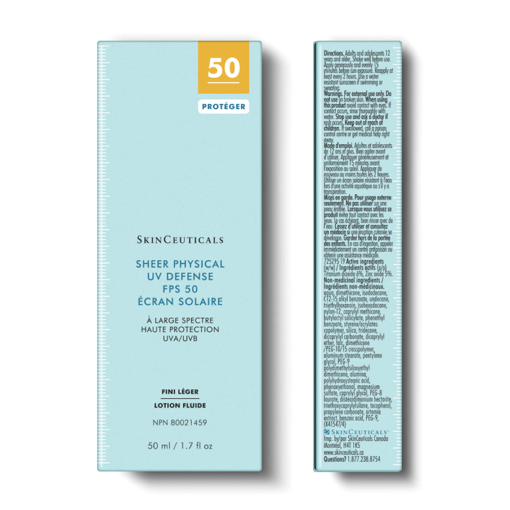 SkinCeuticals Sheer Physical SPF 50 Sunscreen packaging with text on a white background